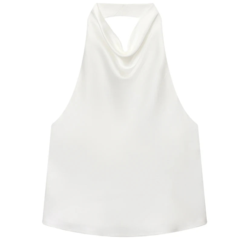 Women Satin Halter Top Shoulder Crop