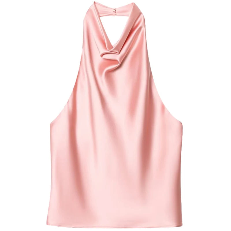 Women Satin Halter Top Shoulder Crop