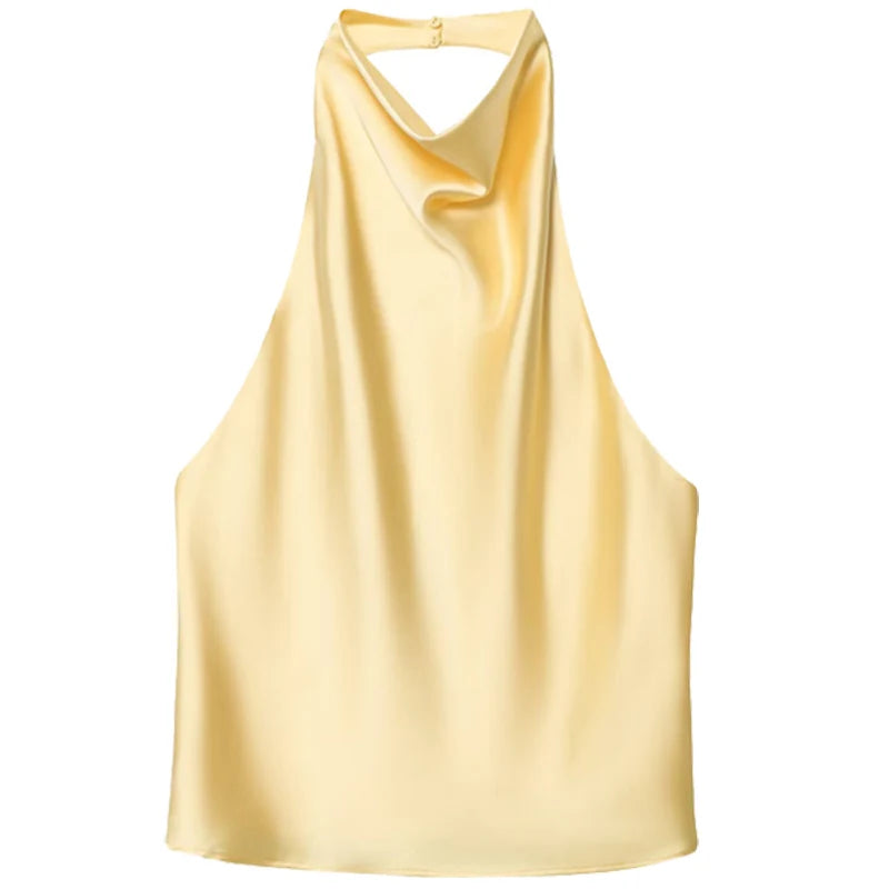 Women Satin Halter Top Shoulder Crop