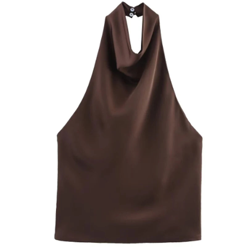 Women Satin Halter Top Shoulder Crop